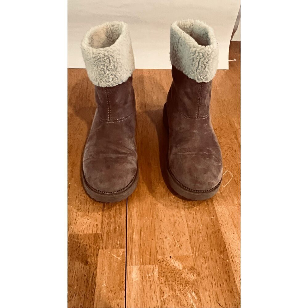 OLD NAVY BROWN SUEDE ANKLE BOOTS FAUX SHEARLING LINING GIRLS SZ 3